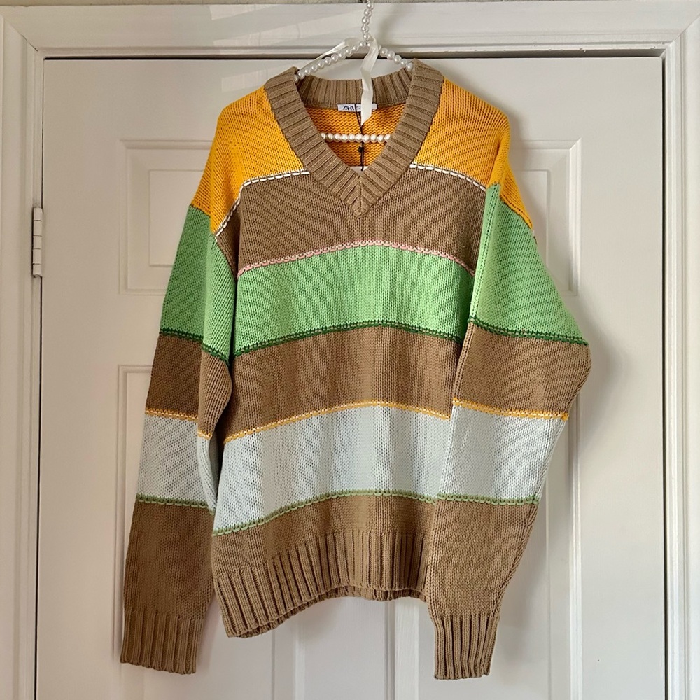 Zara Multi Chunky Stripe V-Neck Jumper